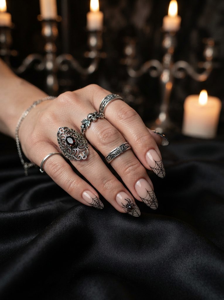 Black Spider Web French Tips