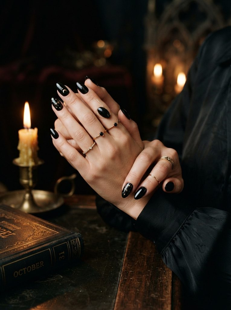 Black Nails With Gold Accents