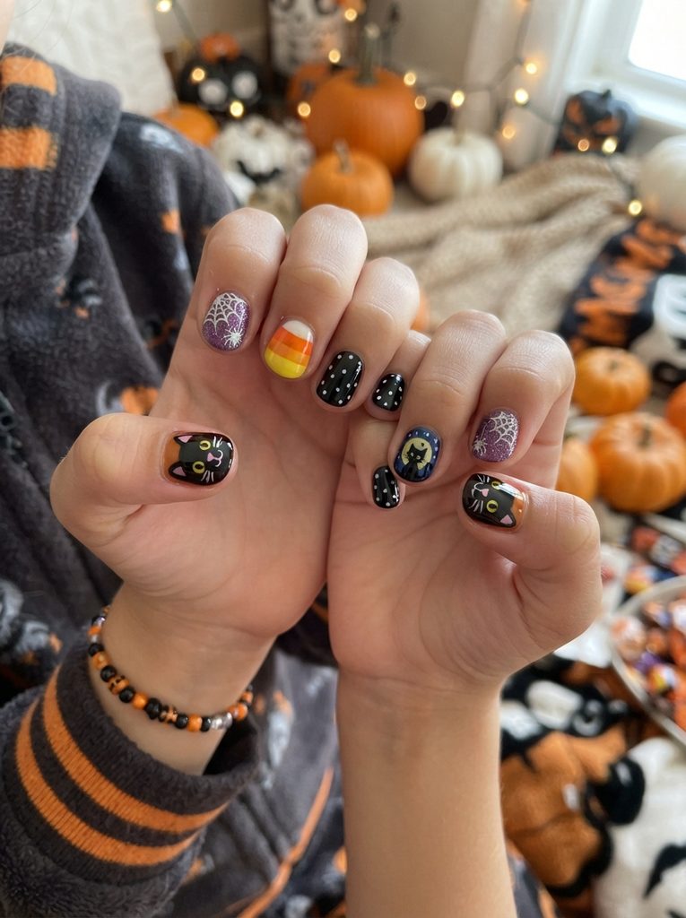 Black Cat Kids Halloween Nail Designs