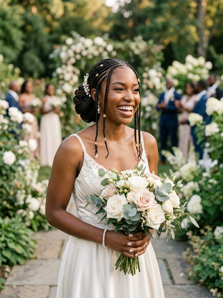 Fulani Braids Styled Into a Romantic Low Bun