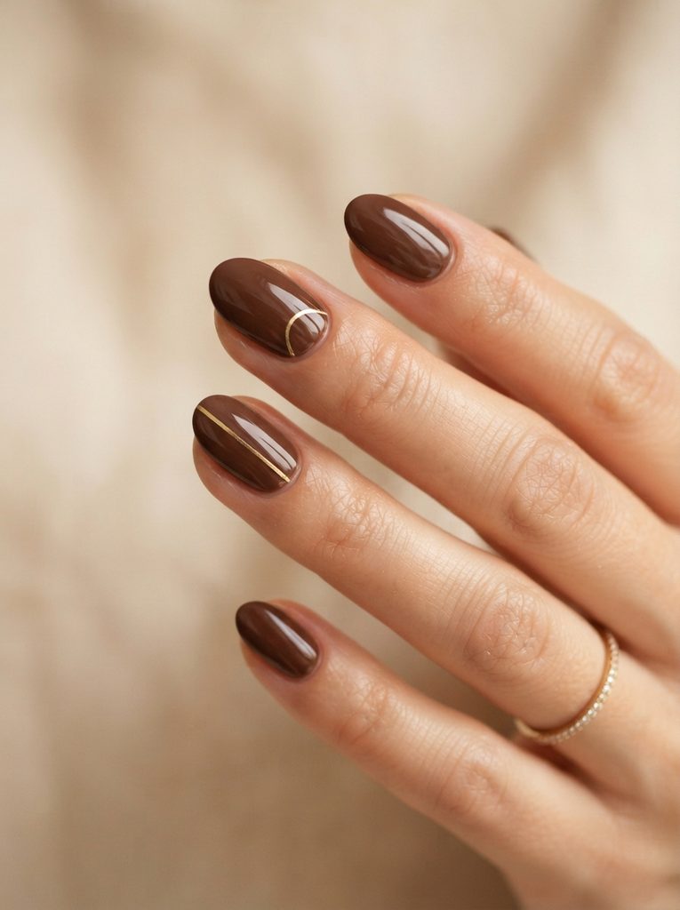 Chocolate Brown Nails With Gold Details