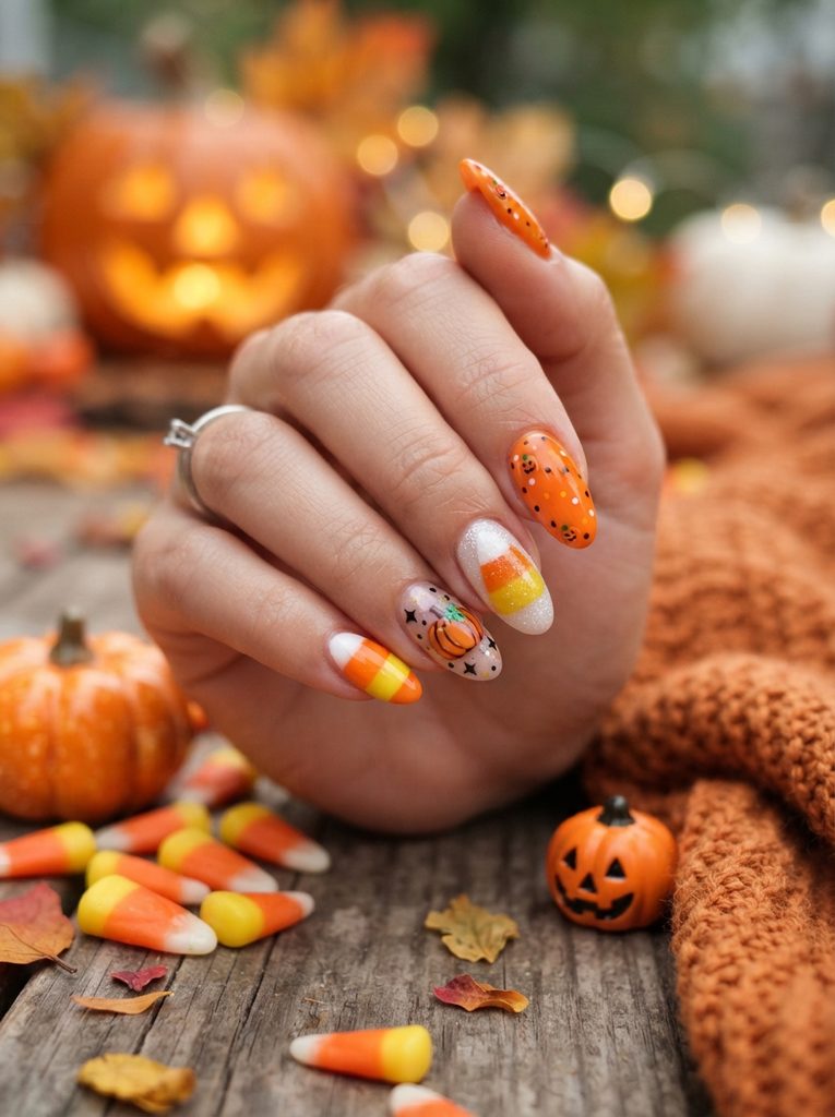 Candy Corn and Mini Pumpkin Halloween Nails