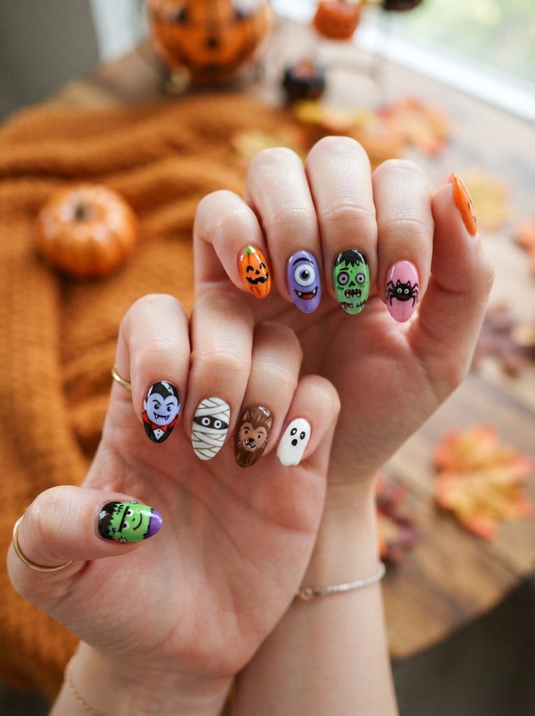 Halloween Cartoon Nails With Friendly Monsters