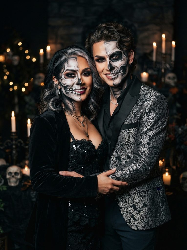Matching Halloween Makeup With a Half-Skeleton and Half-Glam Look