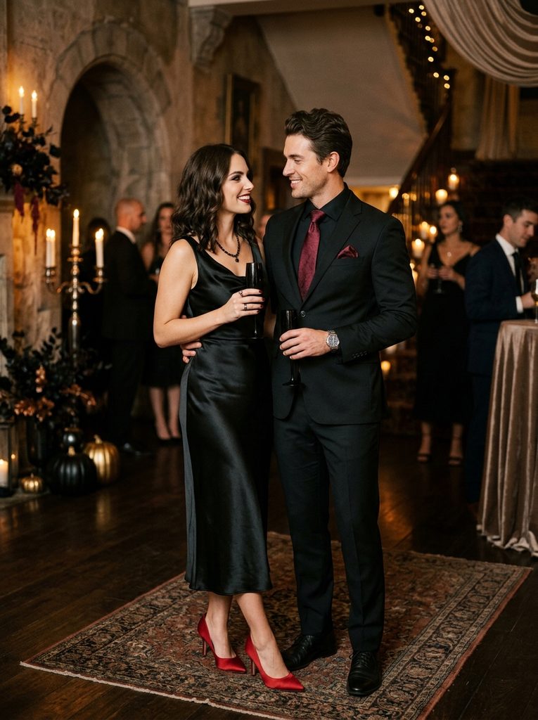 Matching Couple Halloween Outfits With a Black and Red Color Palette