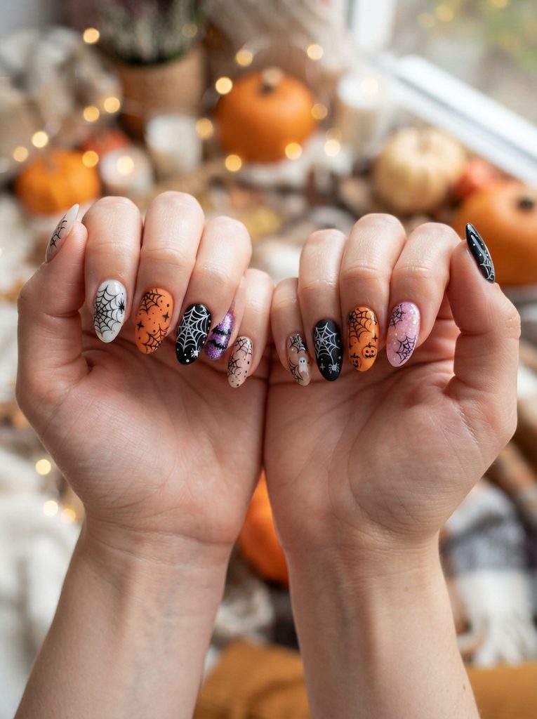 Kawaii Halloween Nails With Tiny Pumpkins and Ghosts