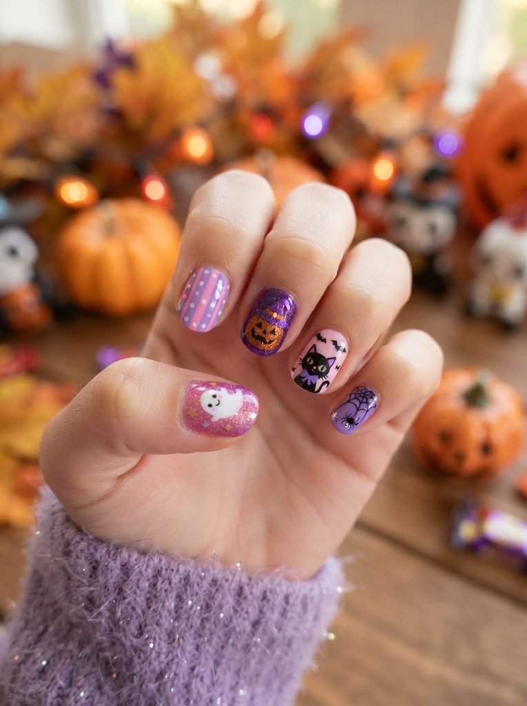 Halloween Nails For Girls Kids With Pink and Purple