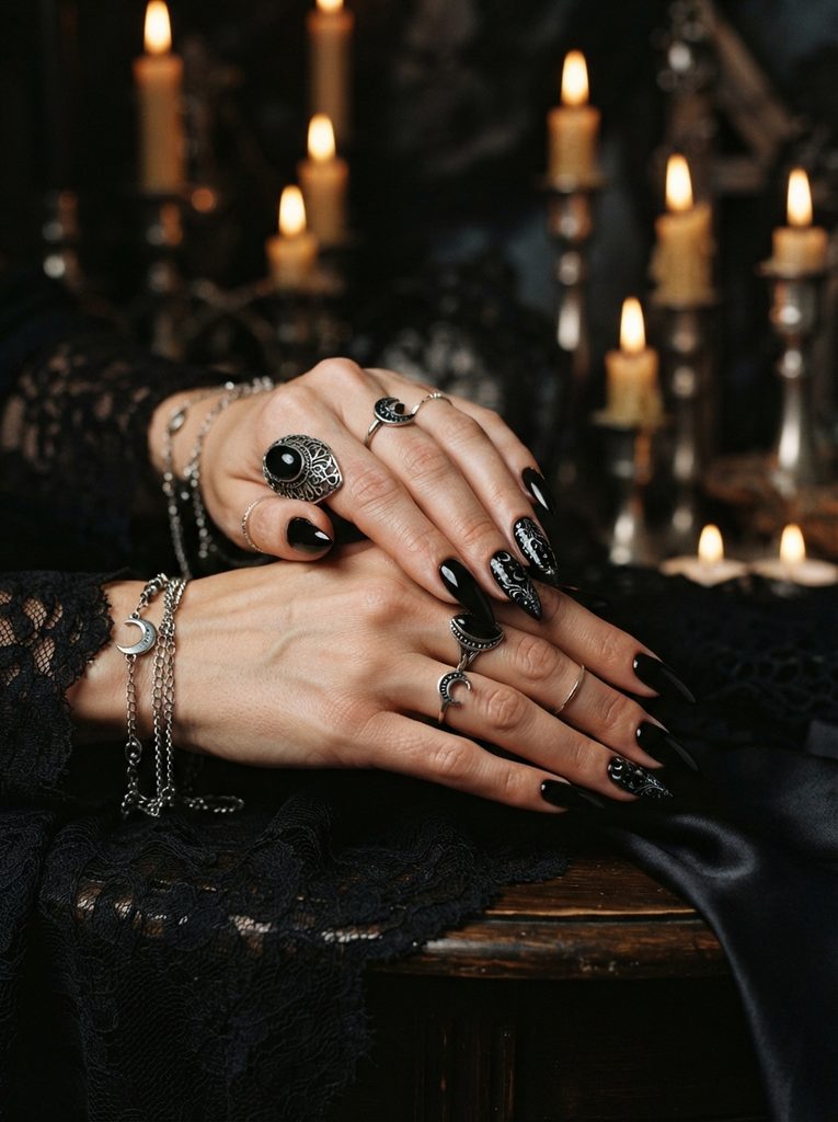 Black Stiletto Nails With Gothic Details