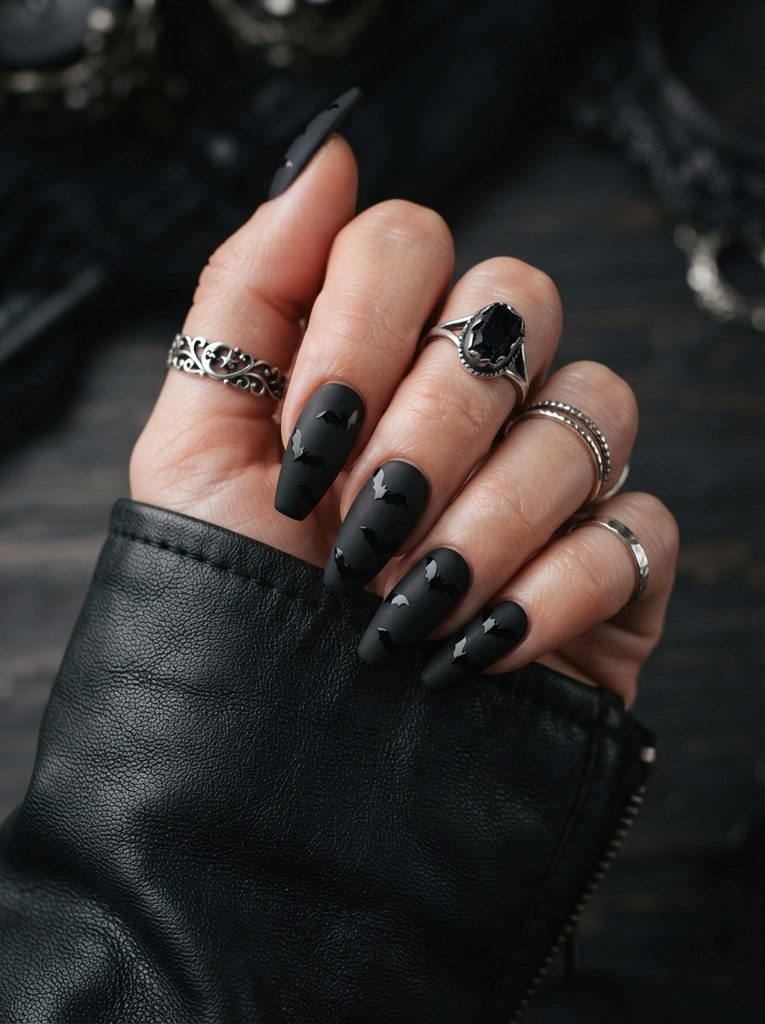 Matte Black Bat Nail Art