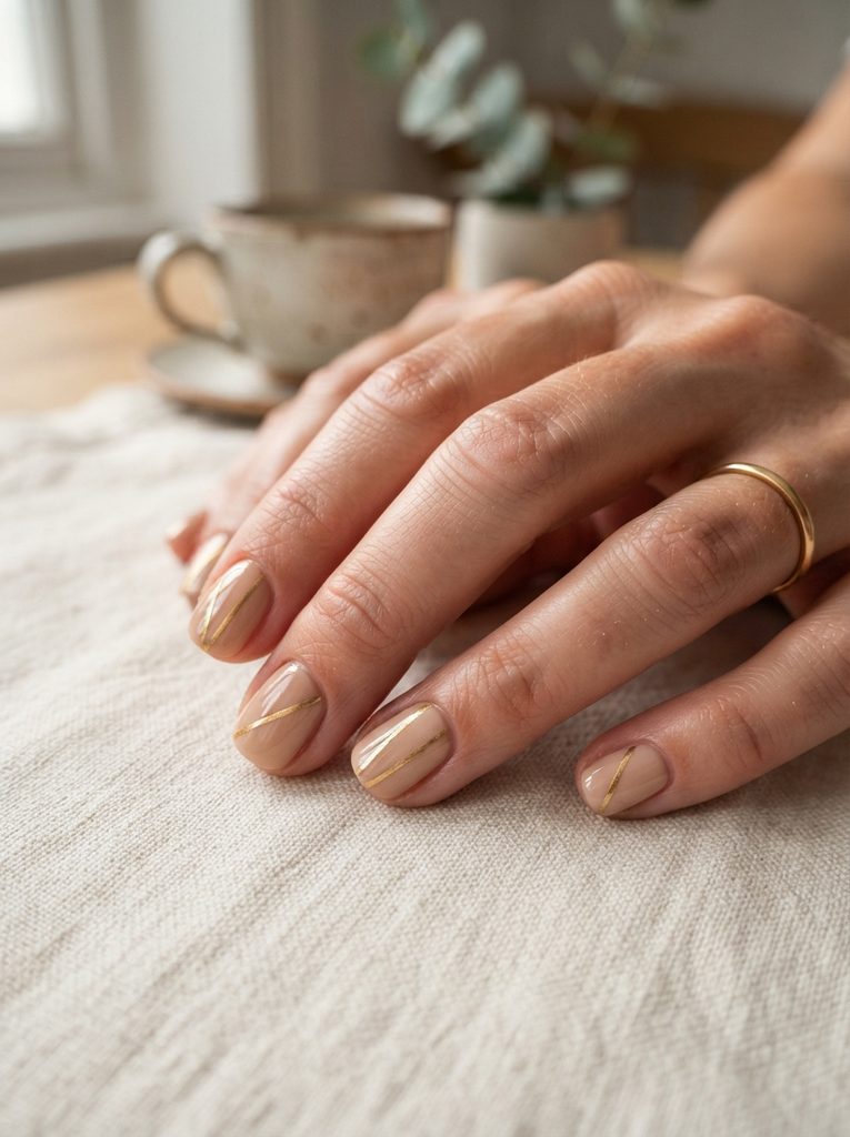 Nude Nails With a Single Gold Line