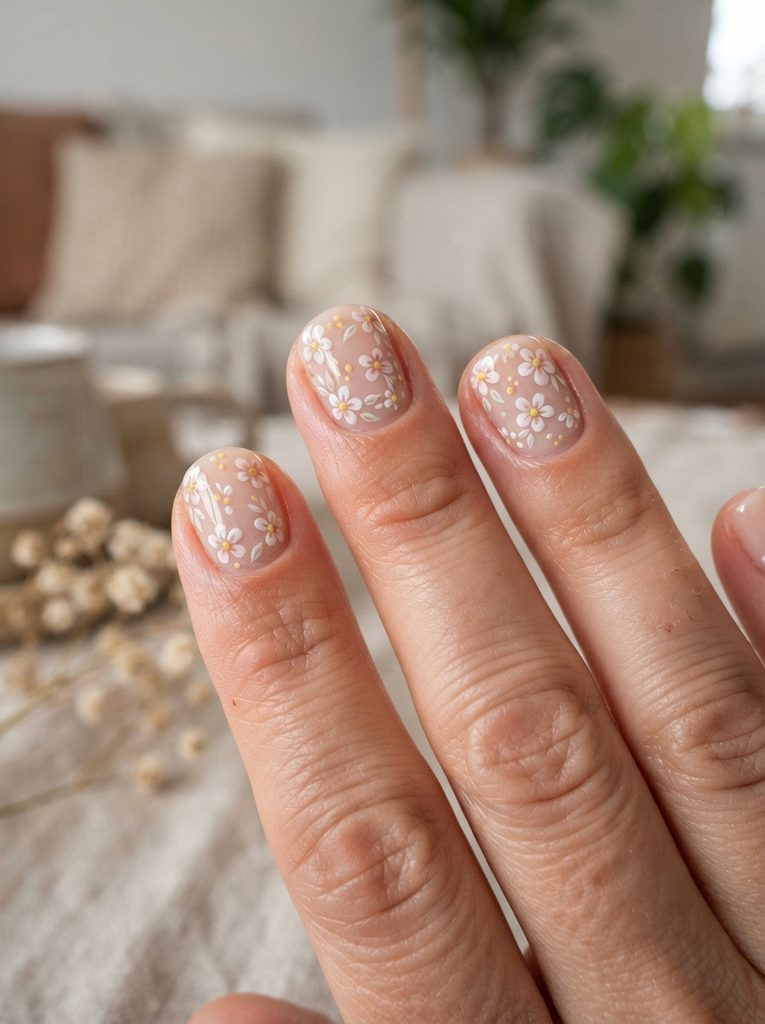 Short Nails With Tiny Floral Details