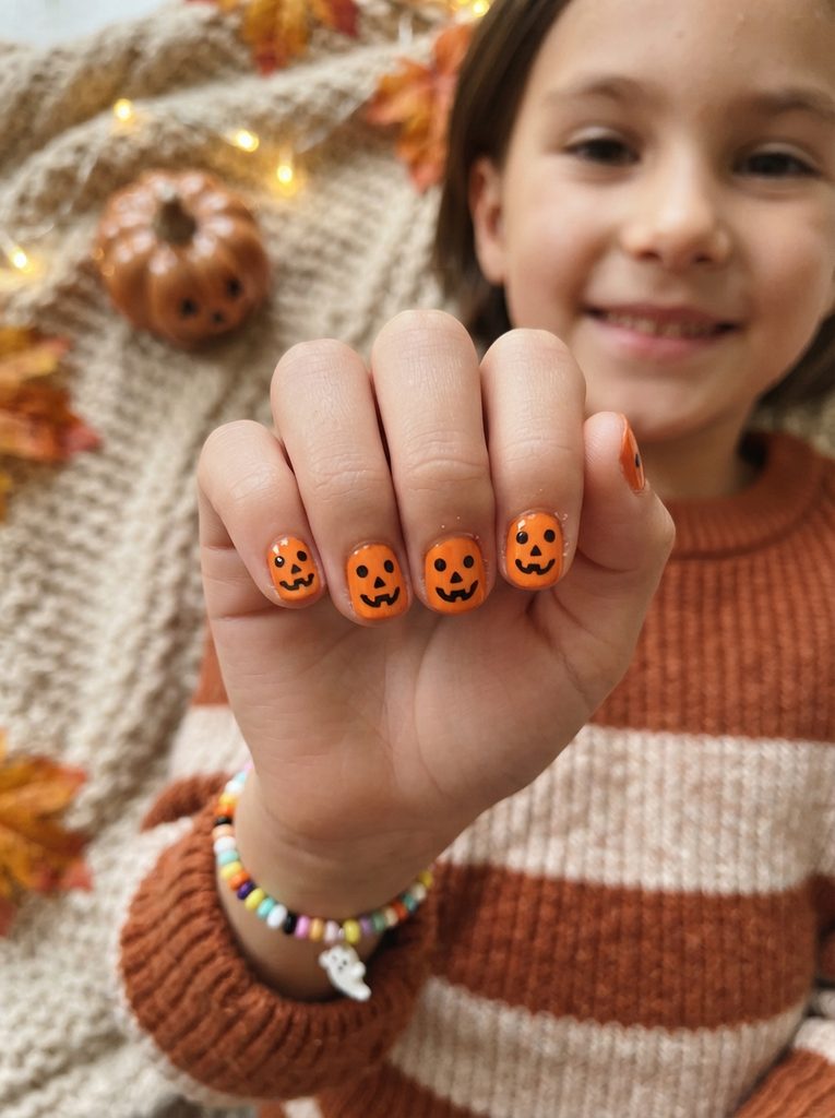 Pumpkin Face Halloween Nails Kids Easy
