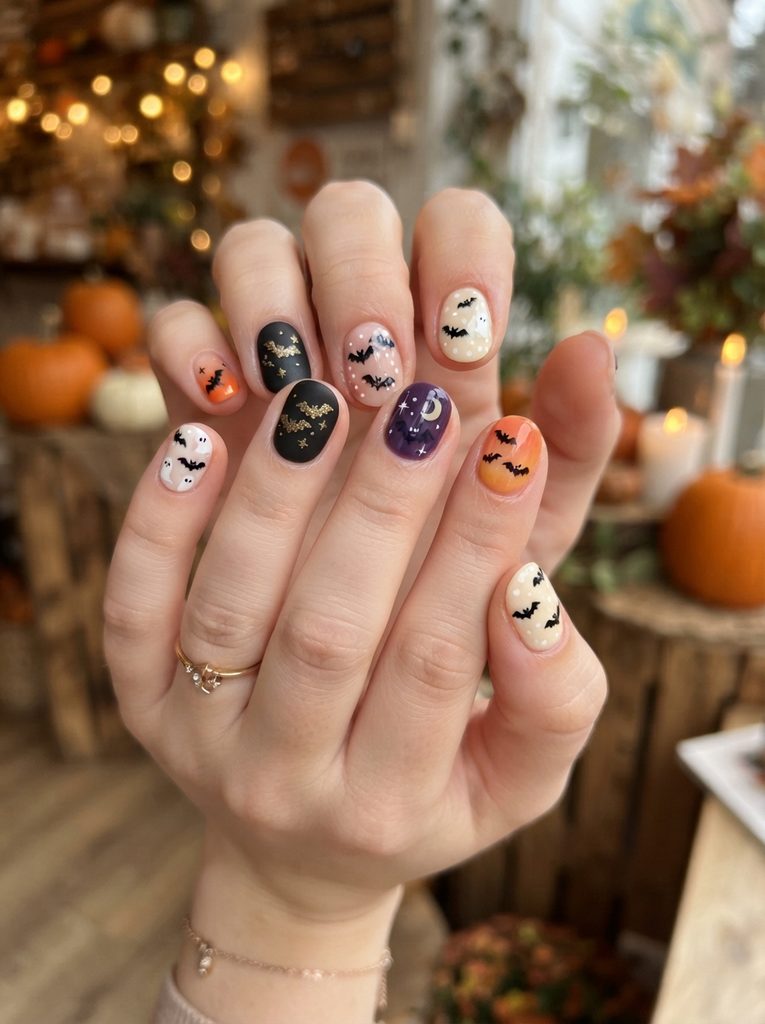 Cute Short Halloween Nail Designs With Tiny Bats