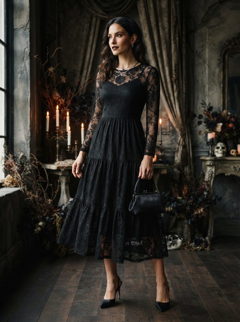 Black Halloween Dress With Lace and Sheer Details