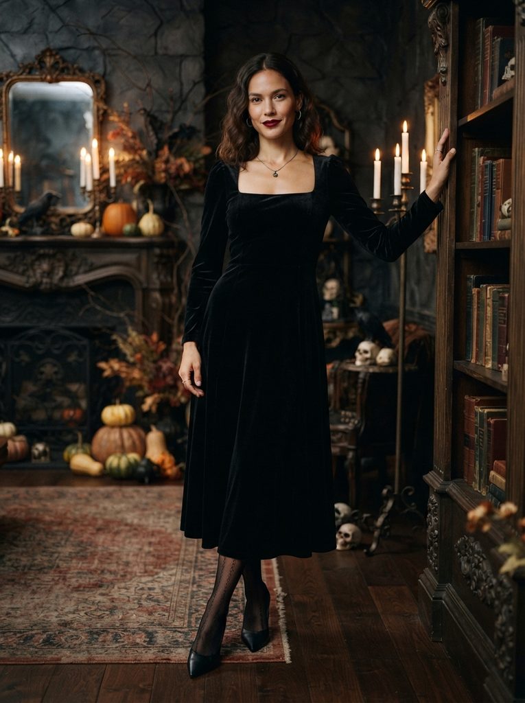 Elegant Halloween: Black Velvet Dress With Statement Accessories