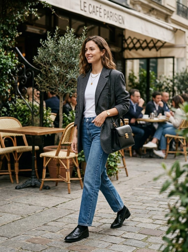 Simple Casual Outfits With a White T-Shirt and Straight-Leg Jeans