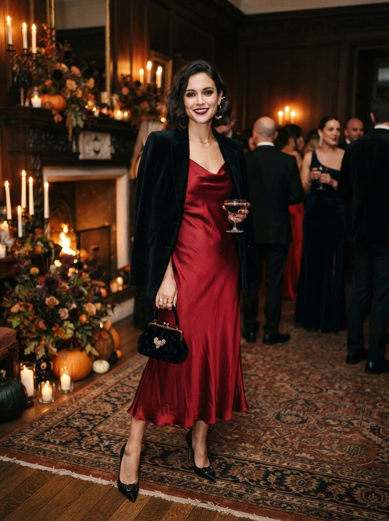 Halloween Party Outfits With a Red Satin Dress
