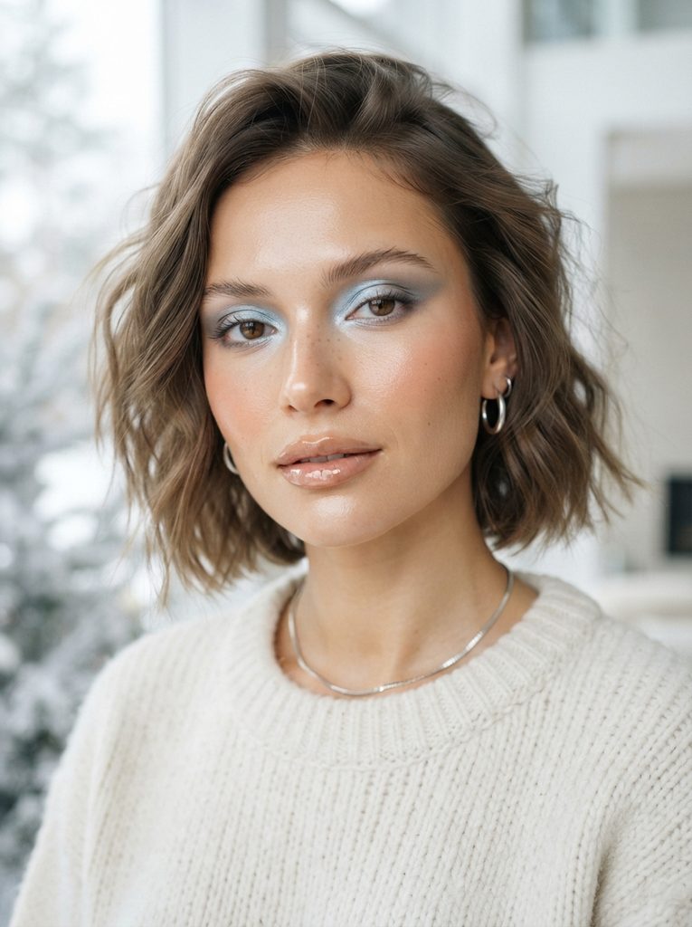 Icy Blue Eyeshadow Look With Glossy Nude Lips