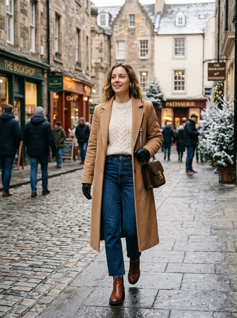 Basic Cute Winter Outfits With a Knit Sweater and Straight-Leg Jeans