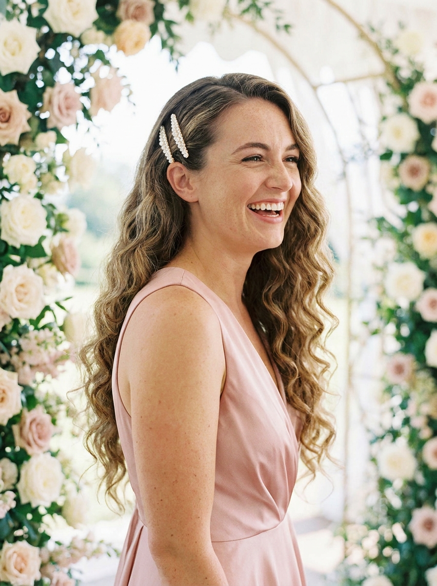 Long Curls With Pearl Hair Clips