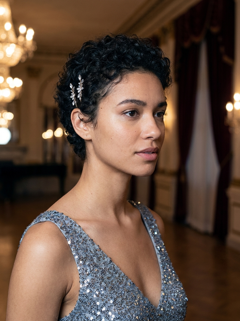 Curly Pixie With Crystal Hair Pins
