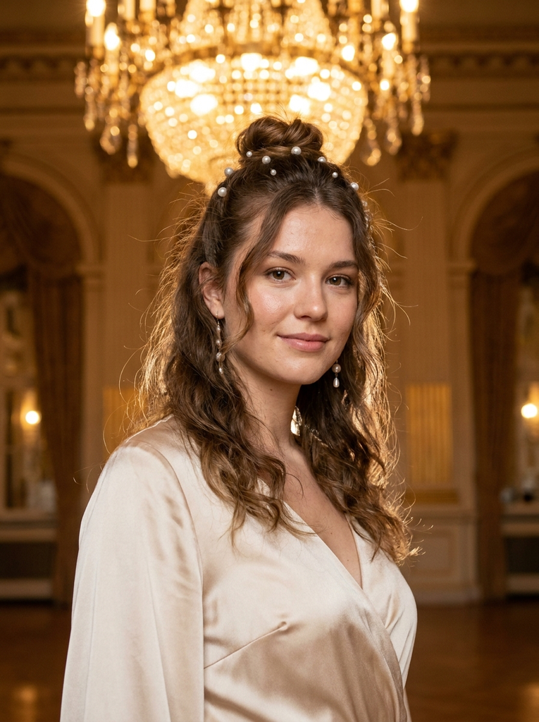 Pearl-Tucked Half-Up Bun With Loose Waves