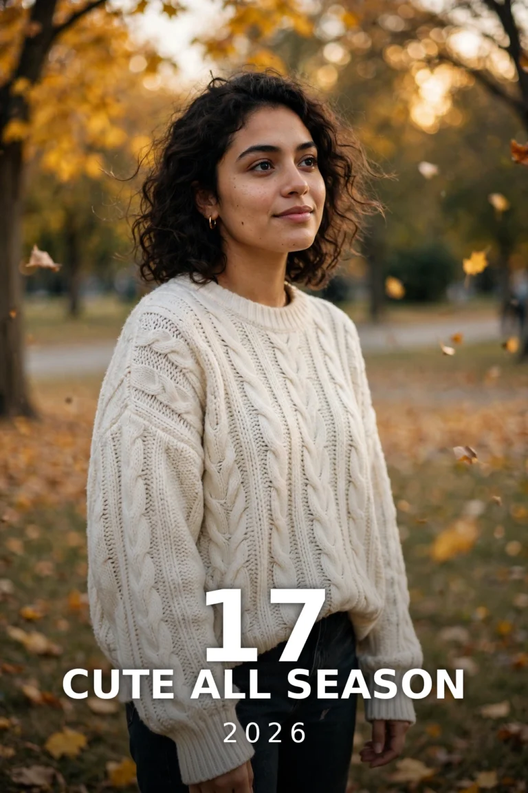 Woman in a cream cable-knit sweater standing in an autumn park with golden falling leaves