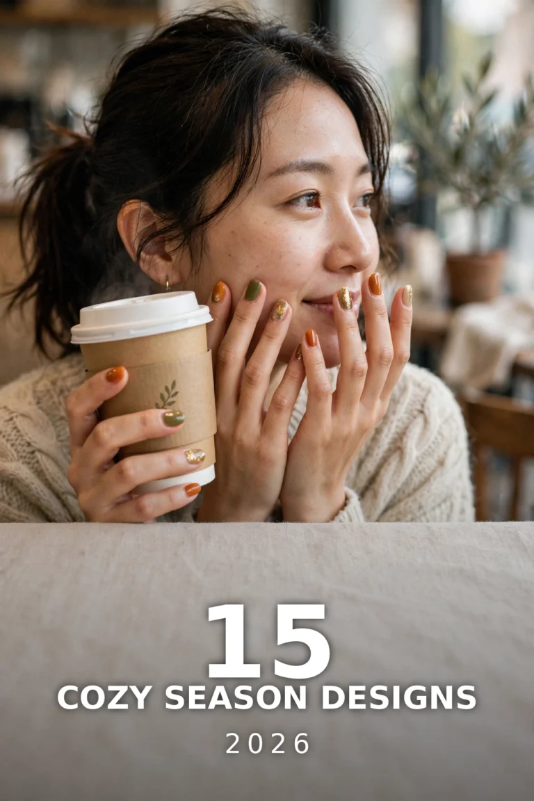 Woman with autumn nail art in orange, olive and gold holding a warm coffee cup in a cafe