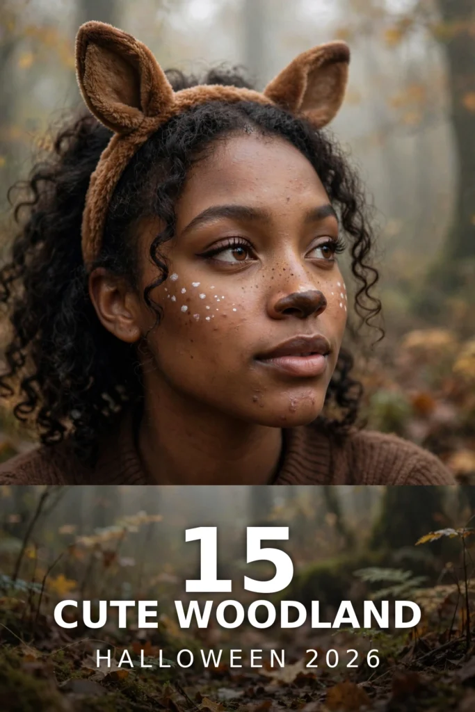 Woman with cute deer Halloween makeup, white cheek spots and brown ears headband in a misty woodland