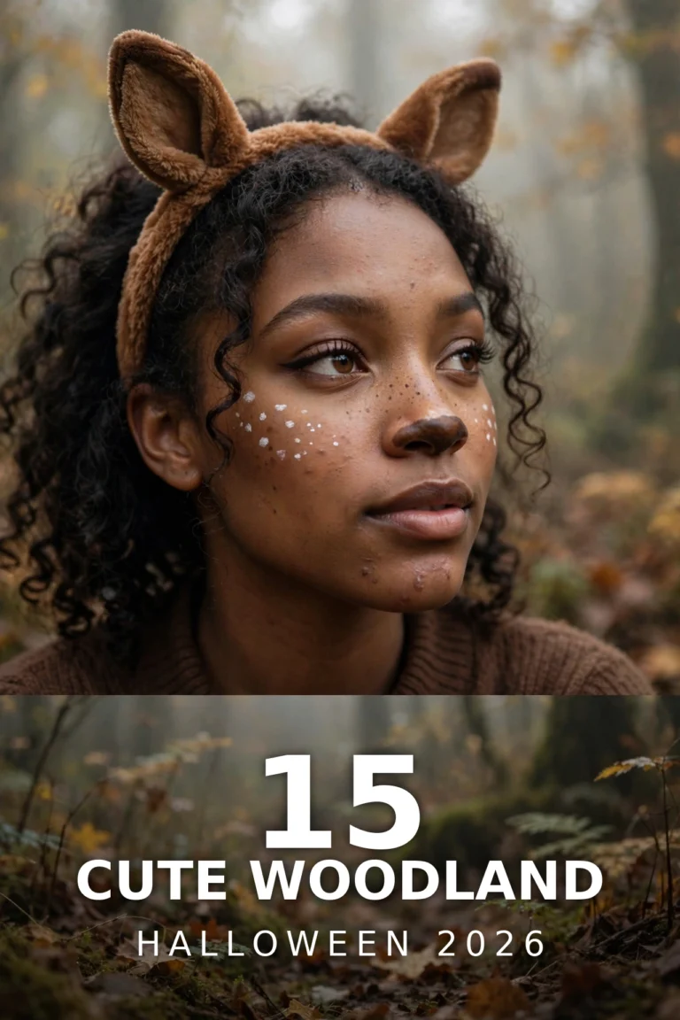 Woman with cute deer Halloween makeup, white cheek spots and brown ears headband in a misty woodland