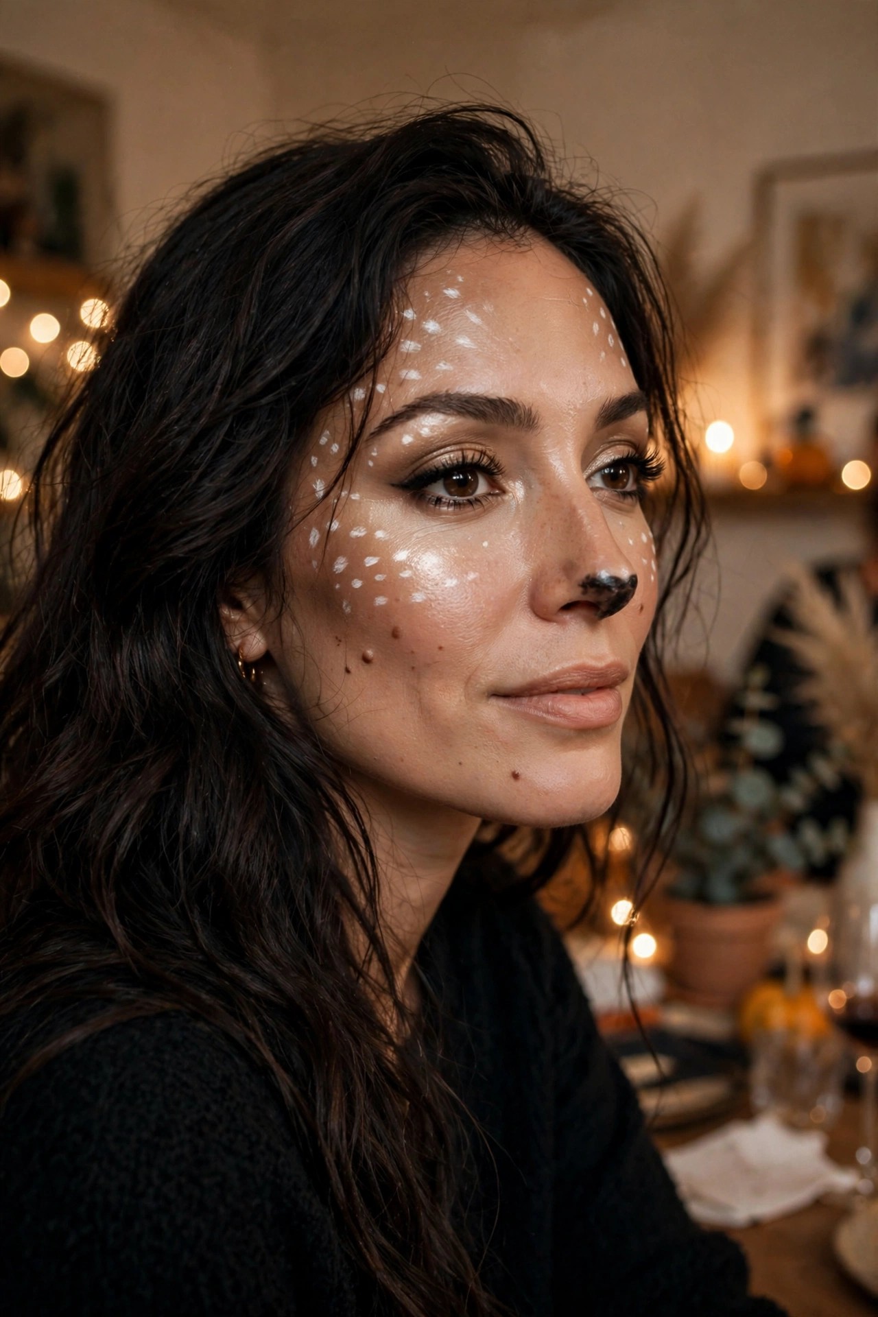 Woman with glamorous deer makeup, luminous skin and champagne highlighter with delicate fawn spots
