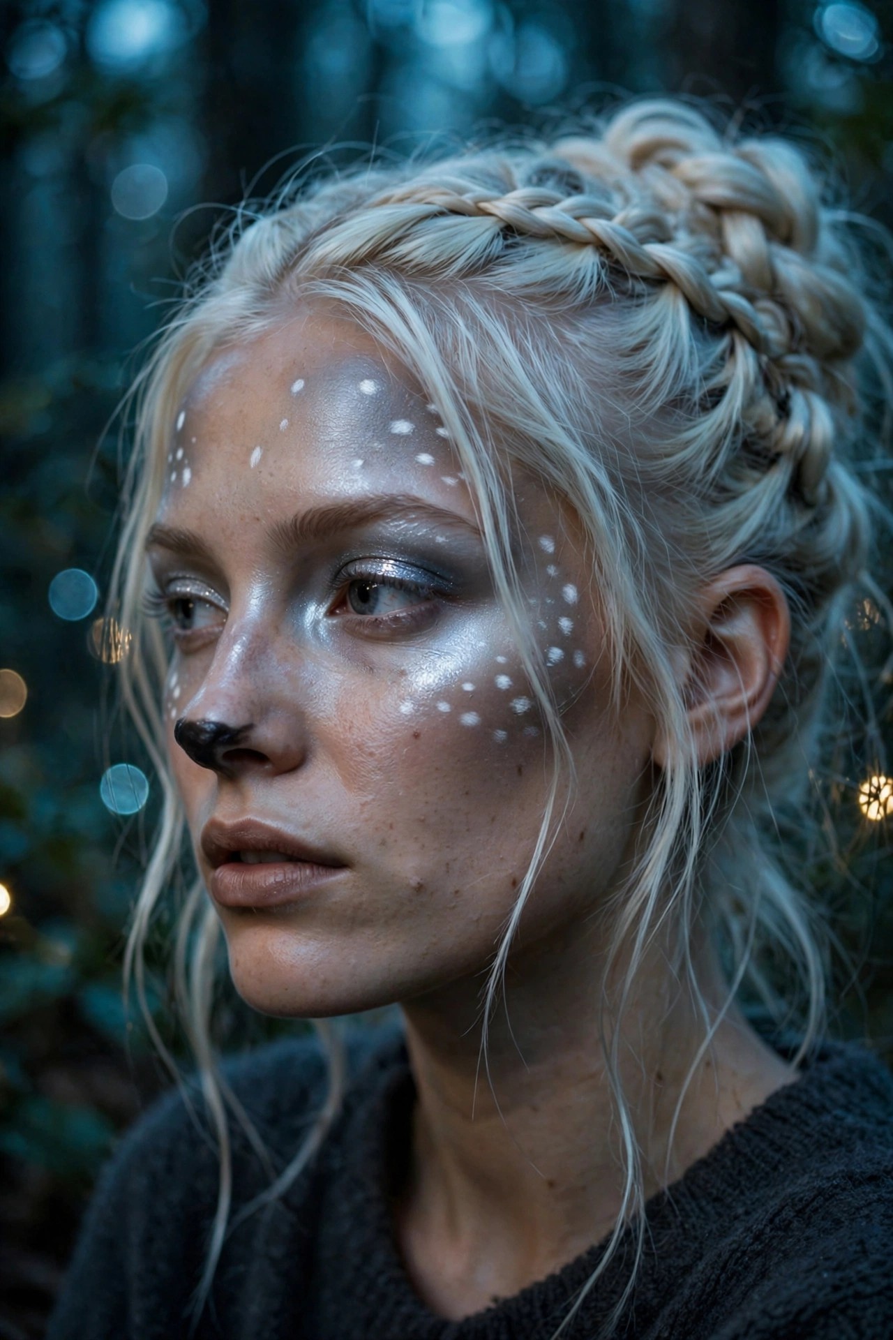 Woman with moonlit silver deer makeup, cool silver highlighter and icy eyeshadow