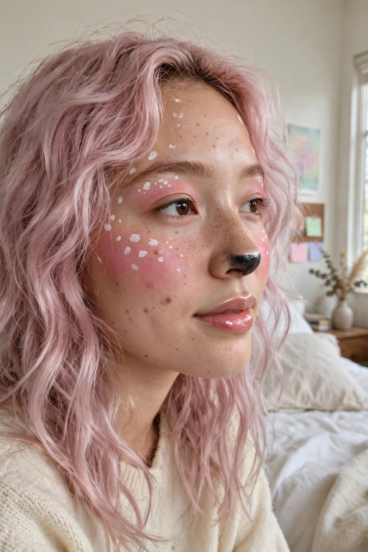 Woman with kawaii pastel deer makeup, soft pink blush and peachy fawn spots