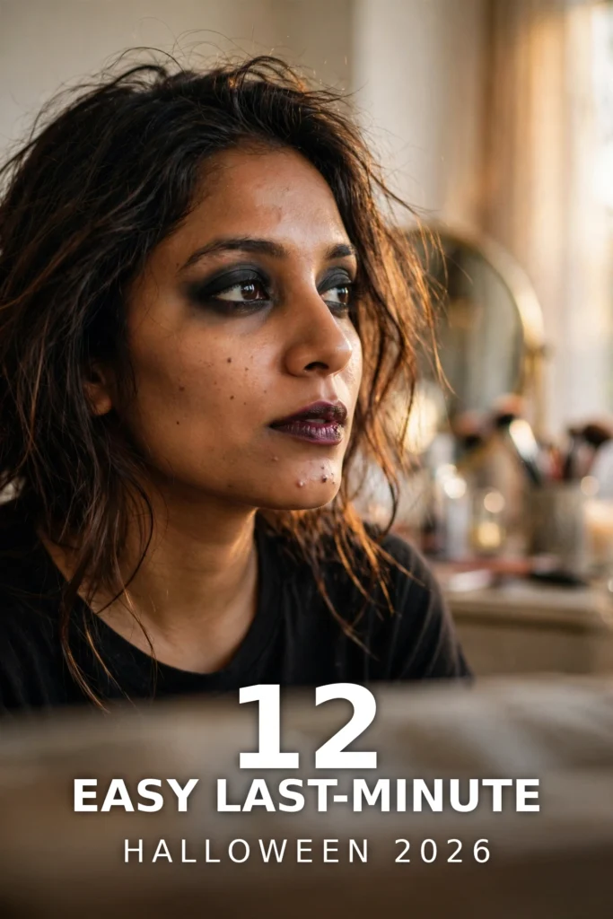 Woman with smoky black eyeshadow and dark berry lips getting ready for Halloween at home