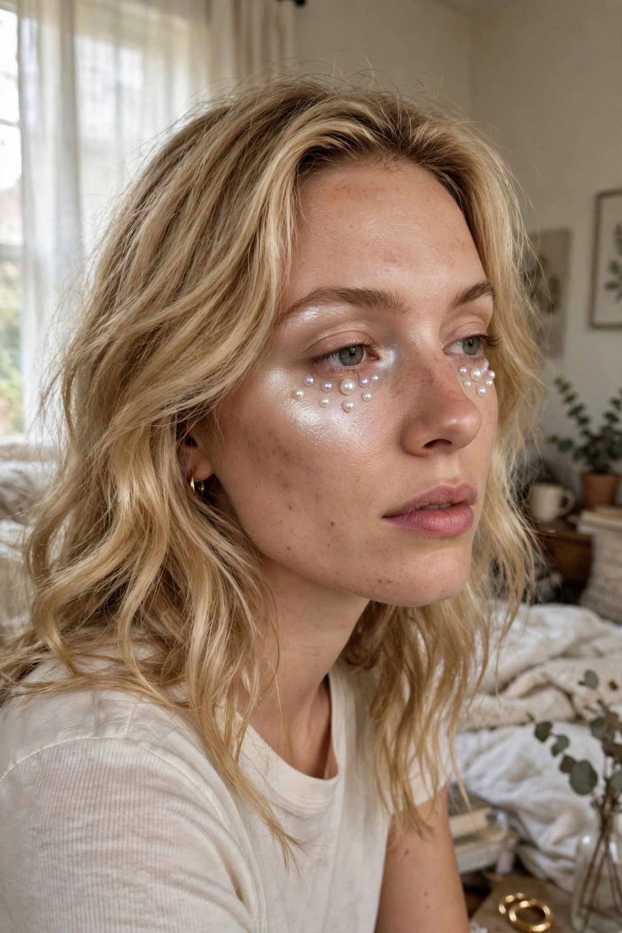 Woman with pearl ghost Halloween makeup, luminous skin and pearl face gems under eyes
