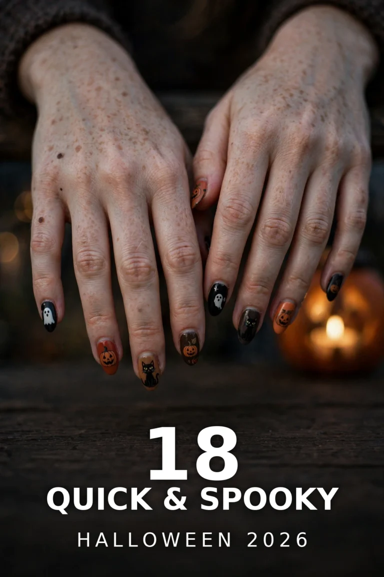 Hands with spooky Halloween nail art featuring ghosts, pumpkins and black cats beside a lit pumpkin