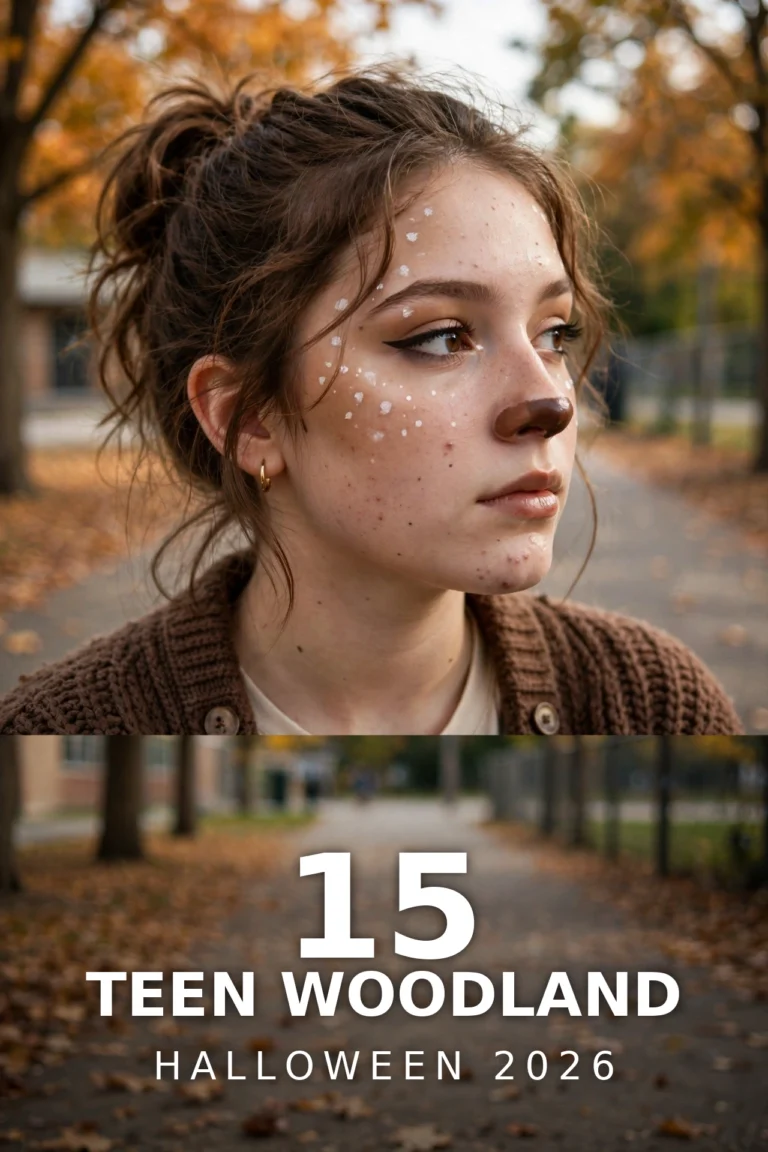 Teen girl with cute deer Halloween makeup and white face spots standing on an autumn school path