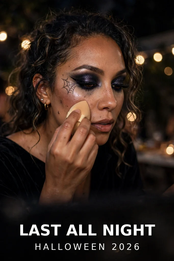 Woman blending dramatic Halloween makeup with a sponge at a night party with string lights behind her
