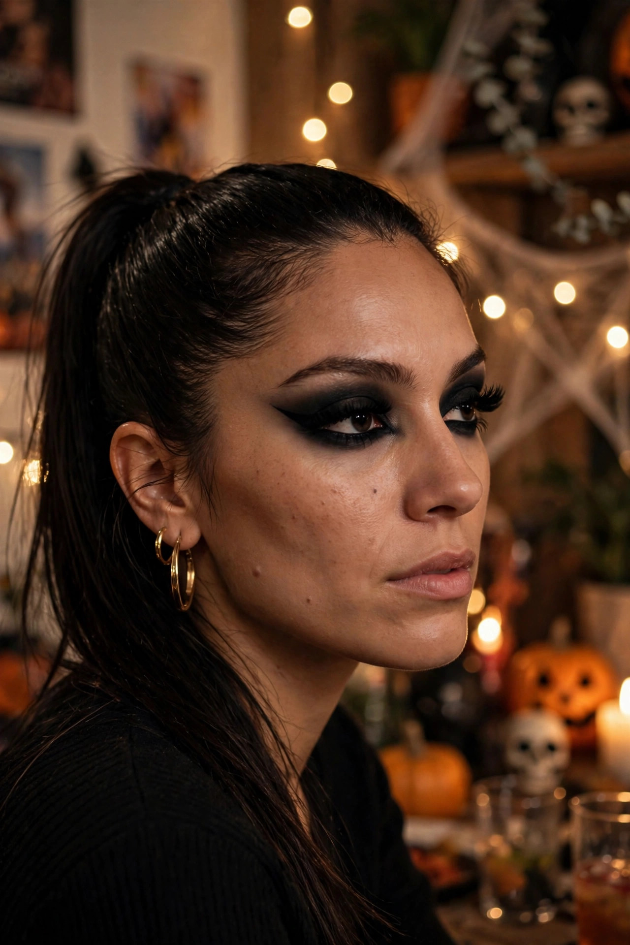 Woman with smoky black cat makeup for a Halloween party, dramatic black cat eye and long false lashes