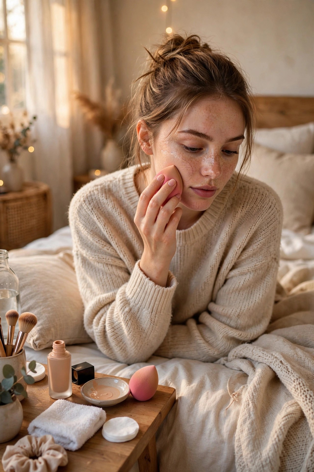 Woman blending foundation with a damp makeup sponge in her bedroom