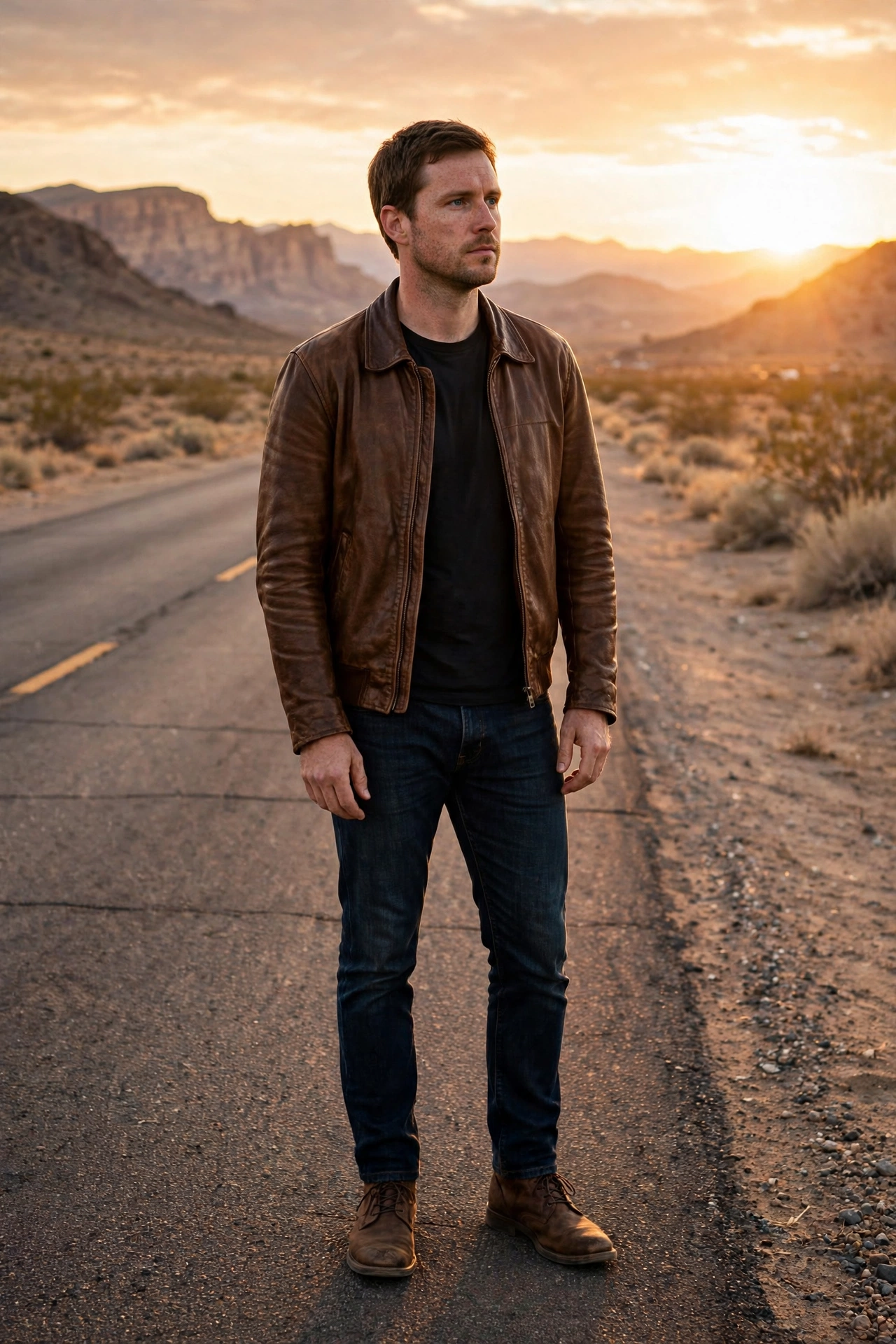 Brown leather jacket with jeans