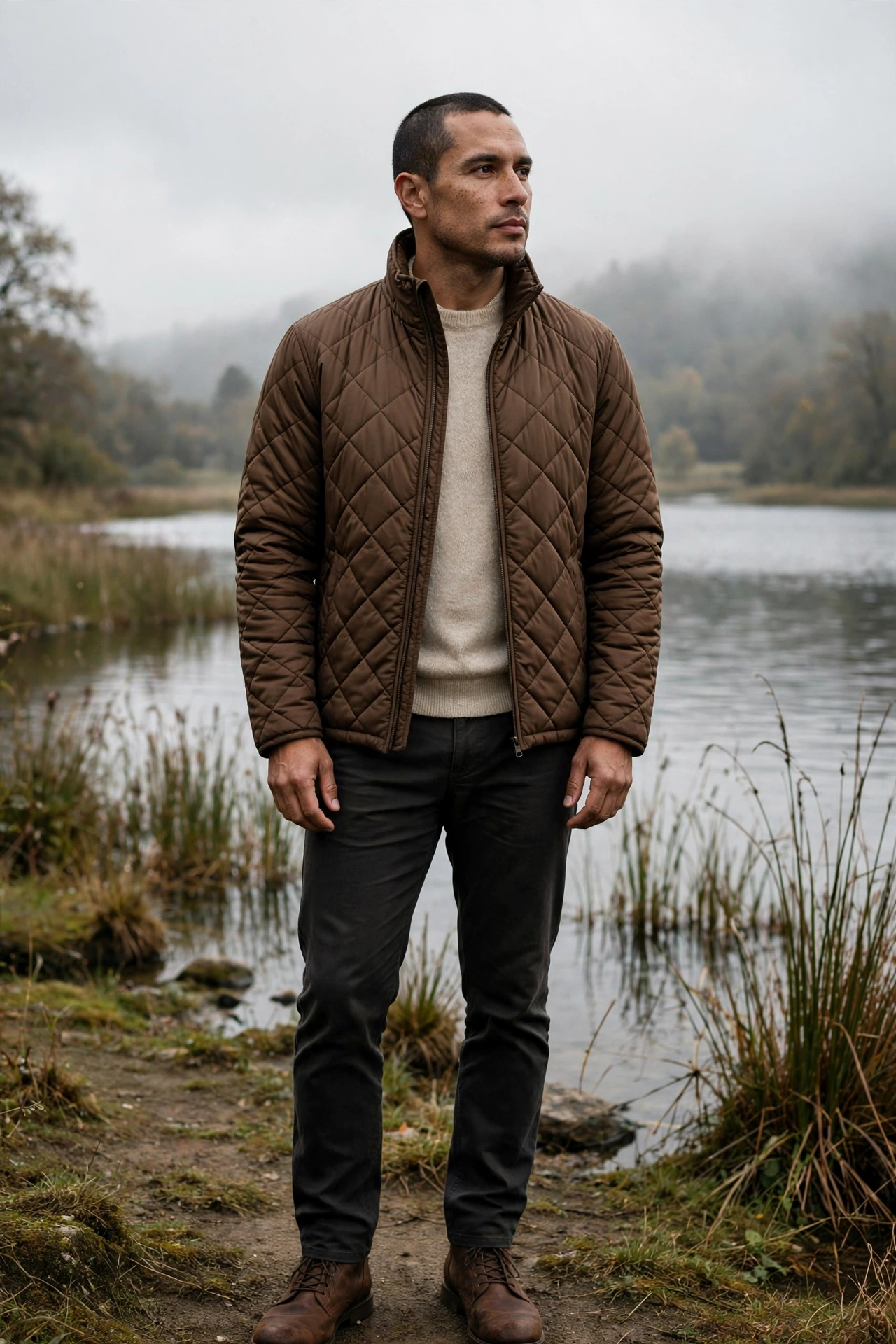Brown quilted jacket outfit