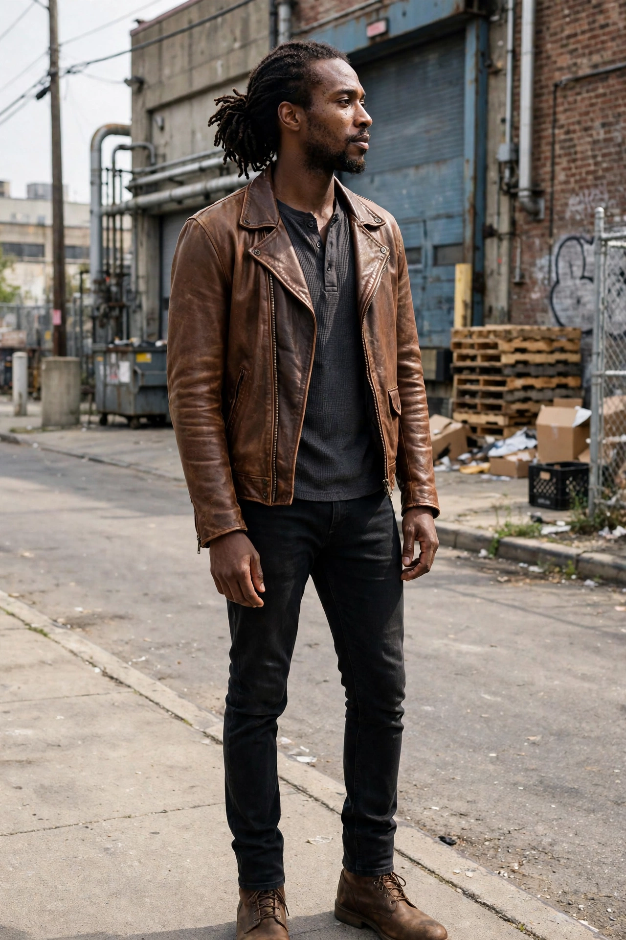 Brown moto jacket with asymmetric zip