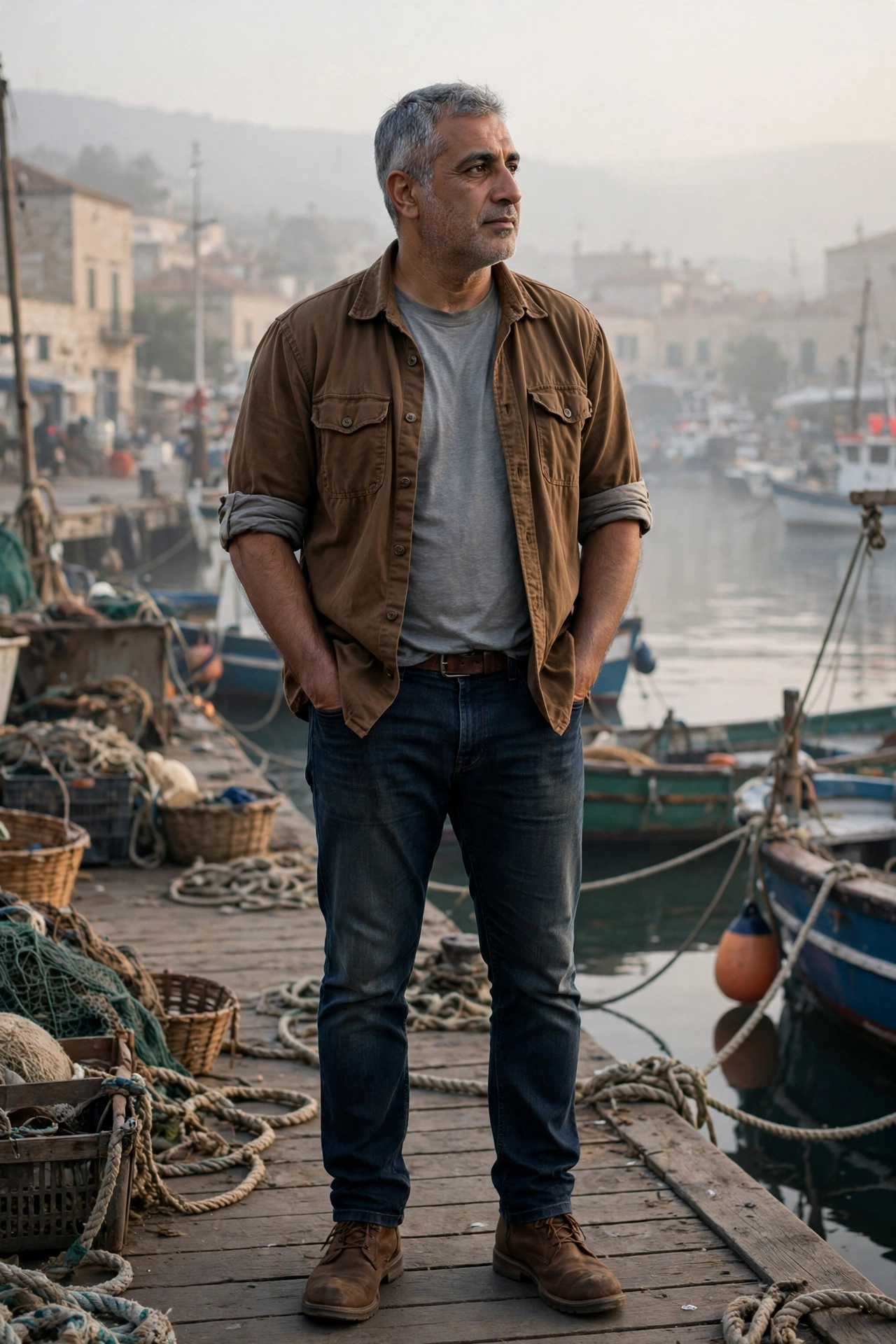 Brown overshirt layered over tee