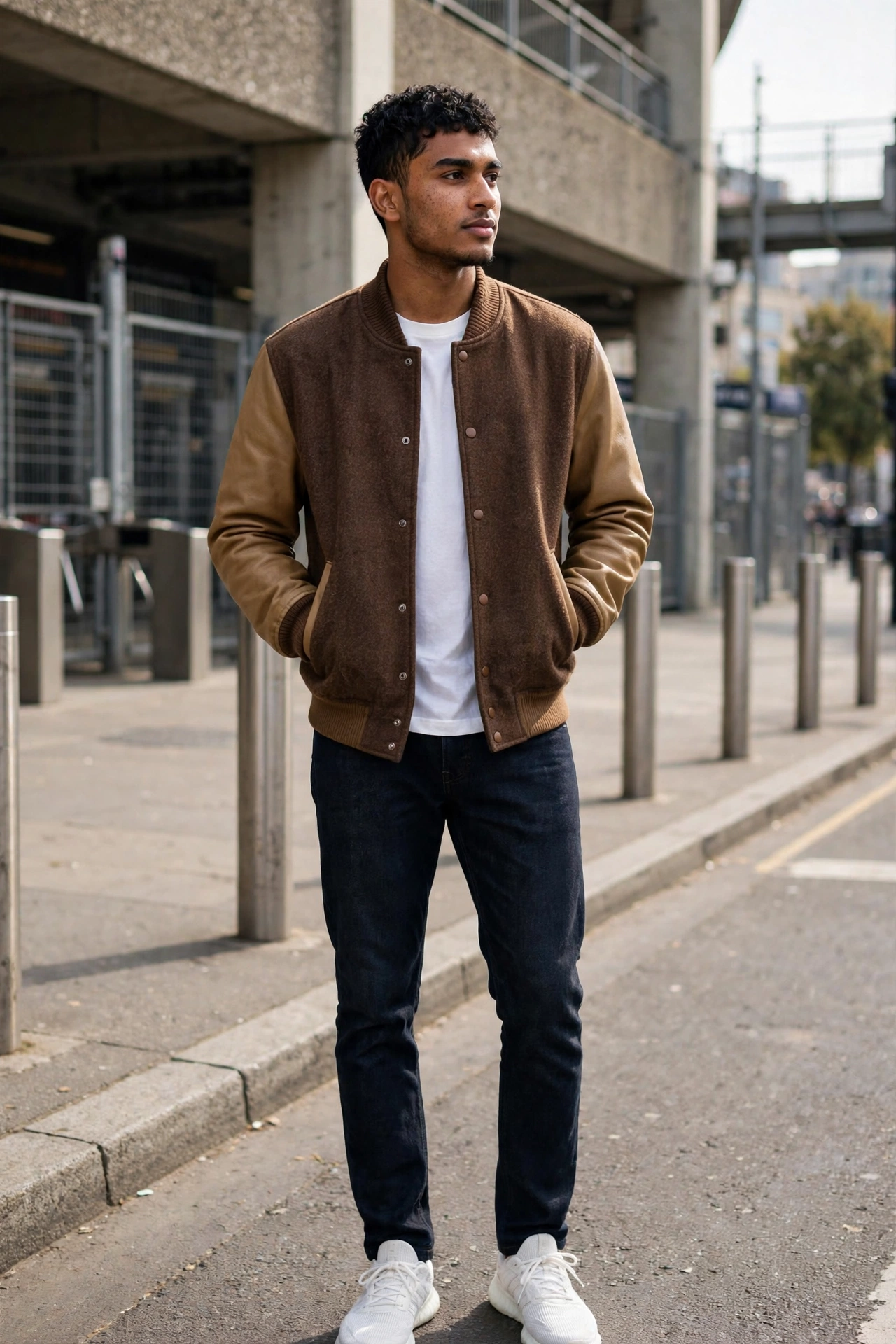 Brown varsity jacket with jeans
