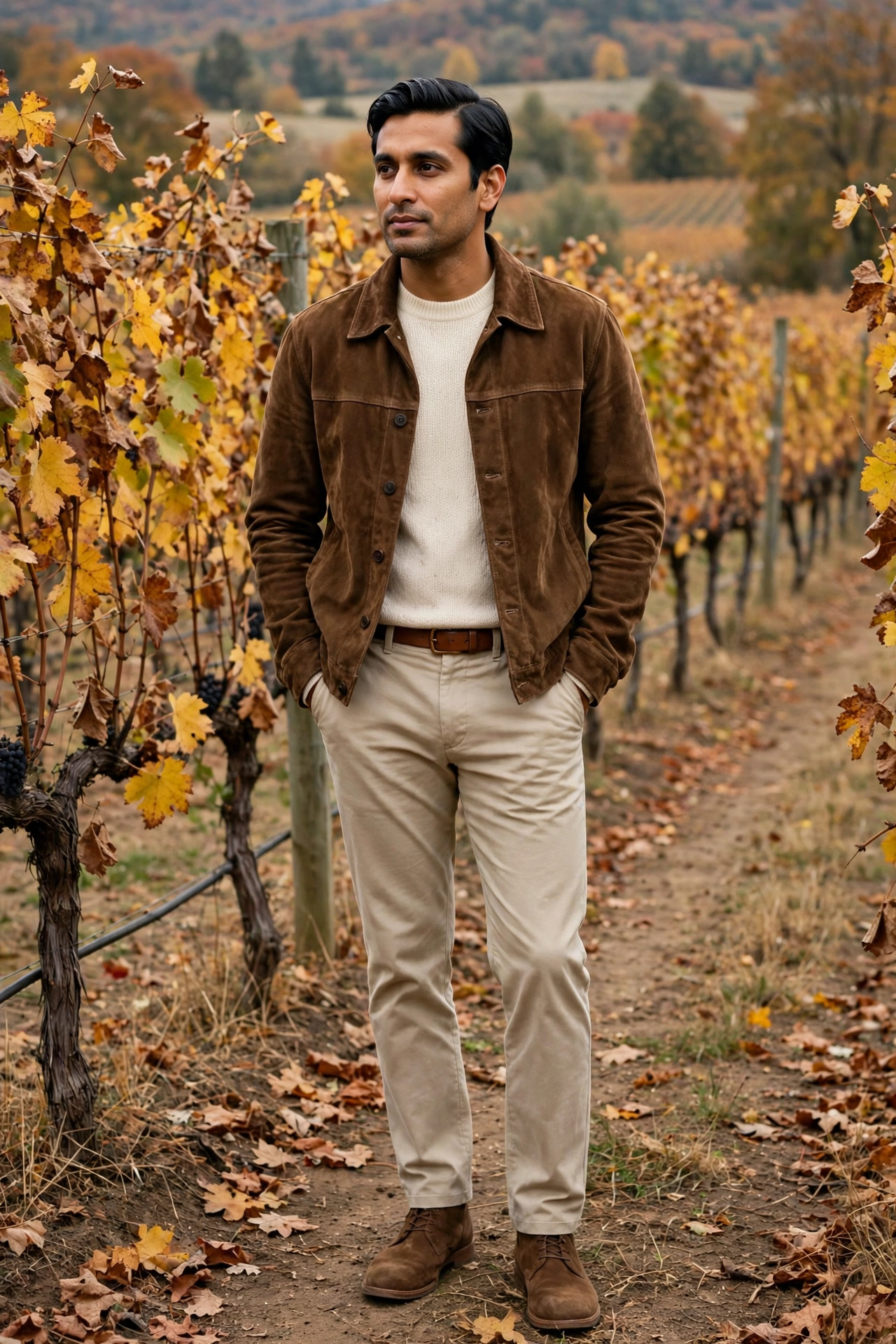 Brown suede jacket with chinos