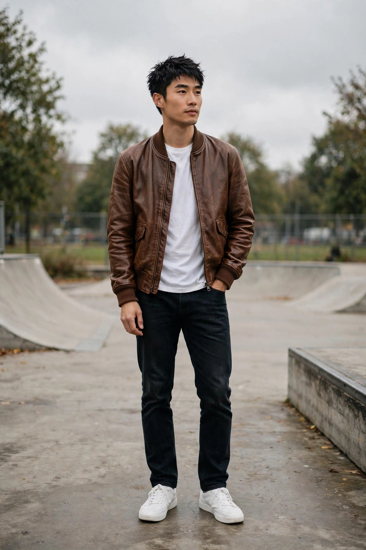 Brown bomber jacket outfit