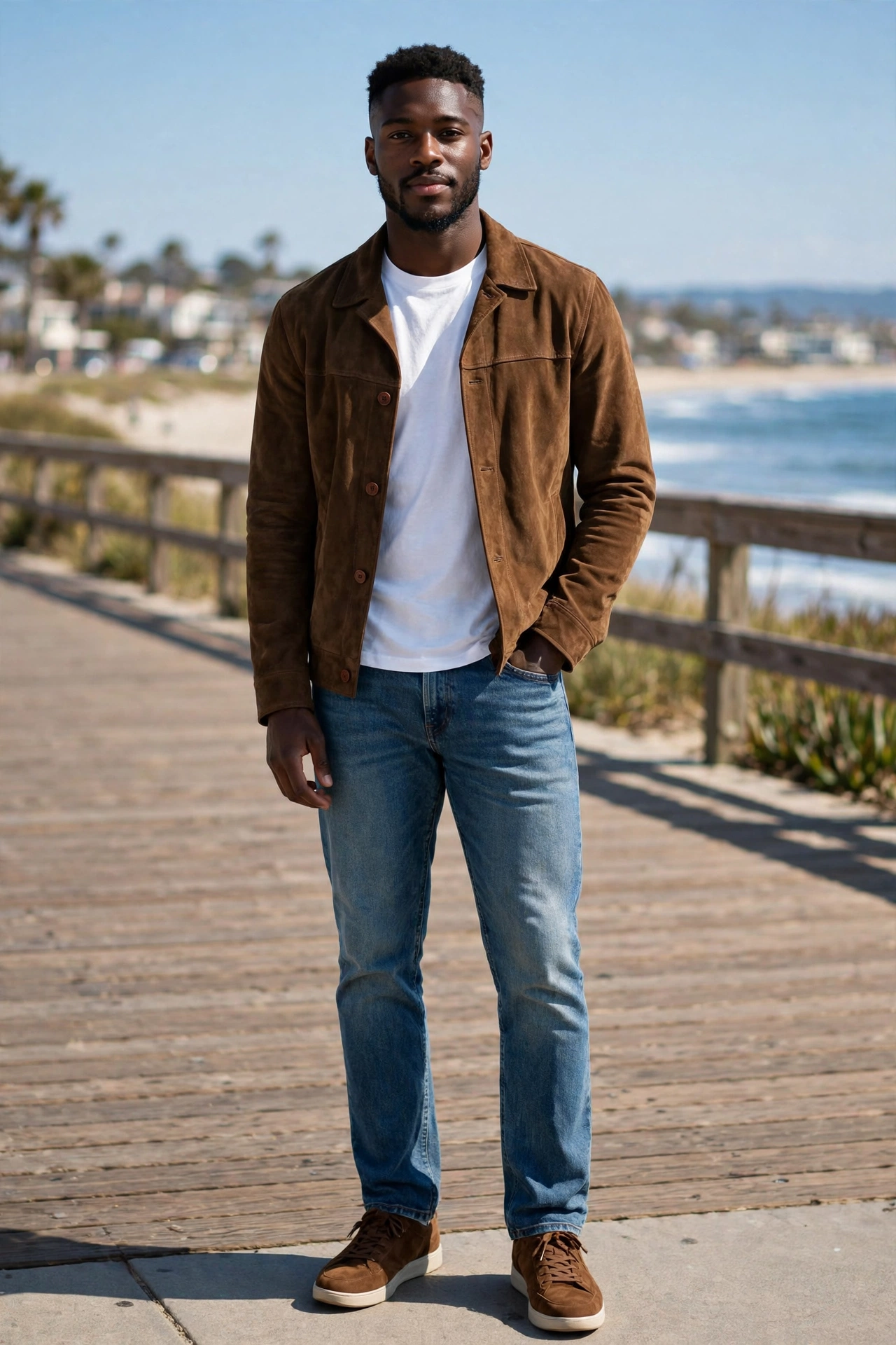 Brown jacket with white t-shirt