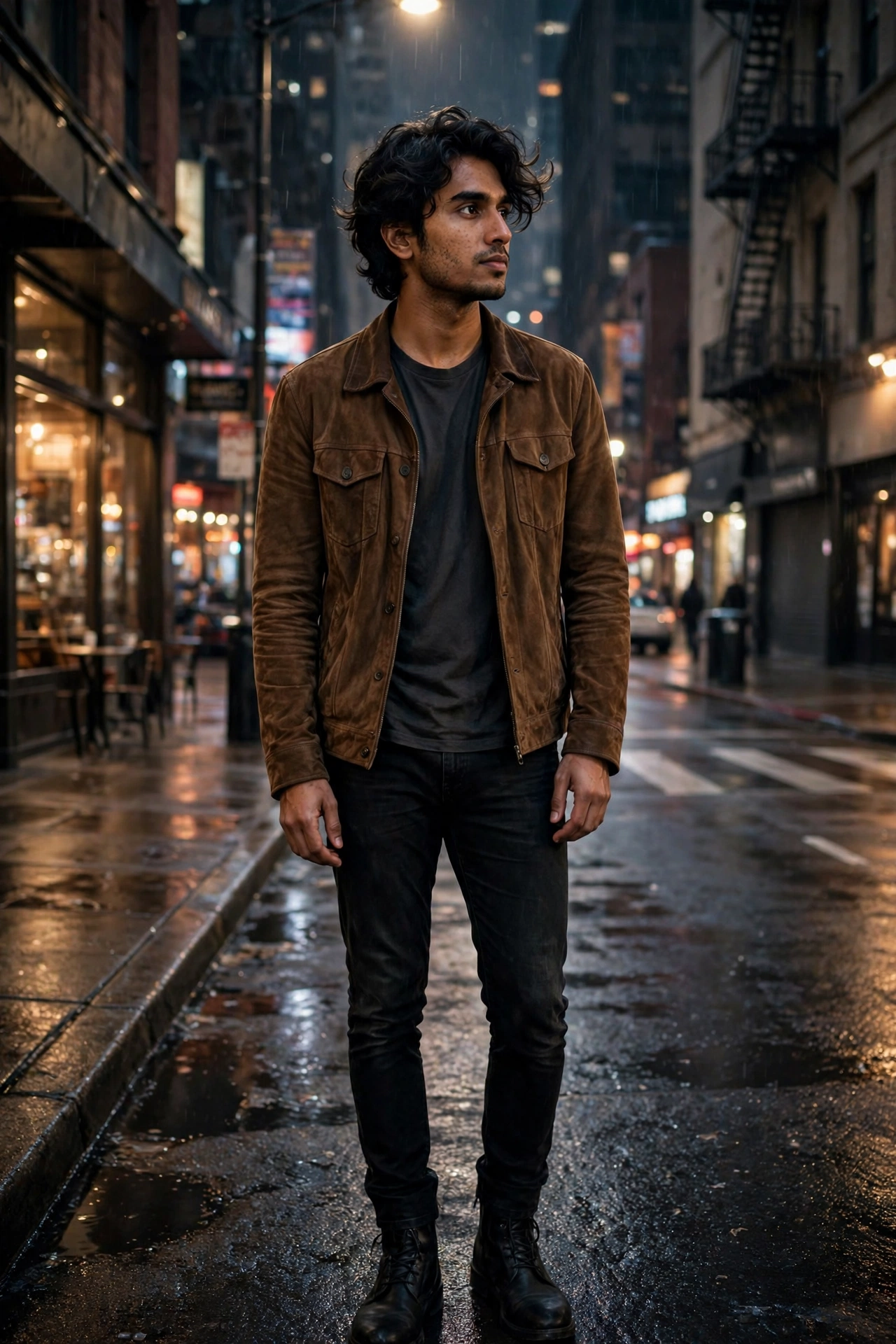 Brown jacket with black outfit