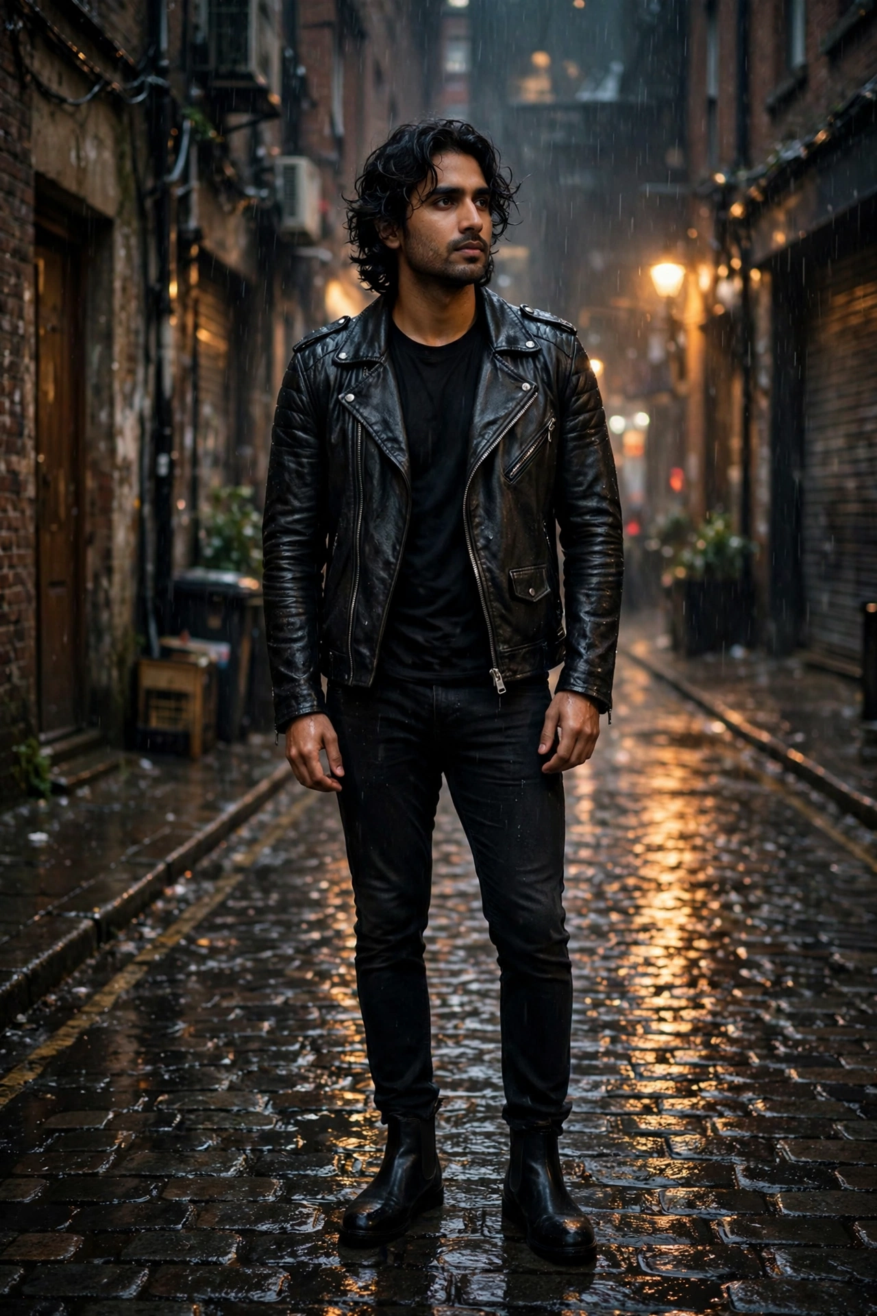 Man in all black leather jacket outfit